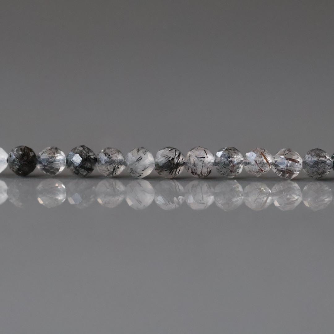 3mm Black Rutilated Quartz Beads - Faceted Round Micro Gemstone 15" Strand