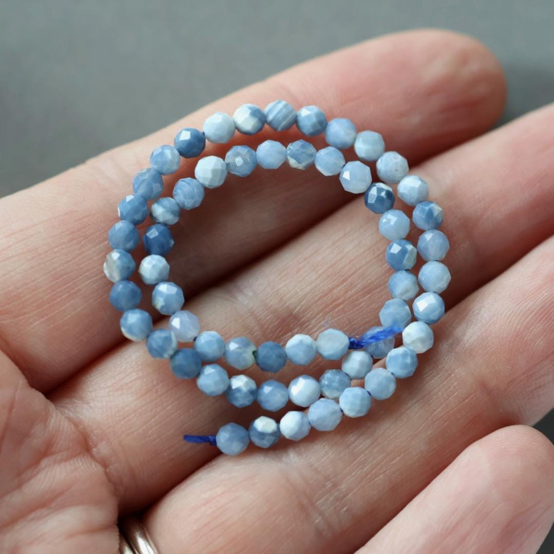 3mm Blue Opal Beads – Faceted Round Micro Gemstone 7" Strand