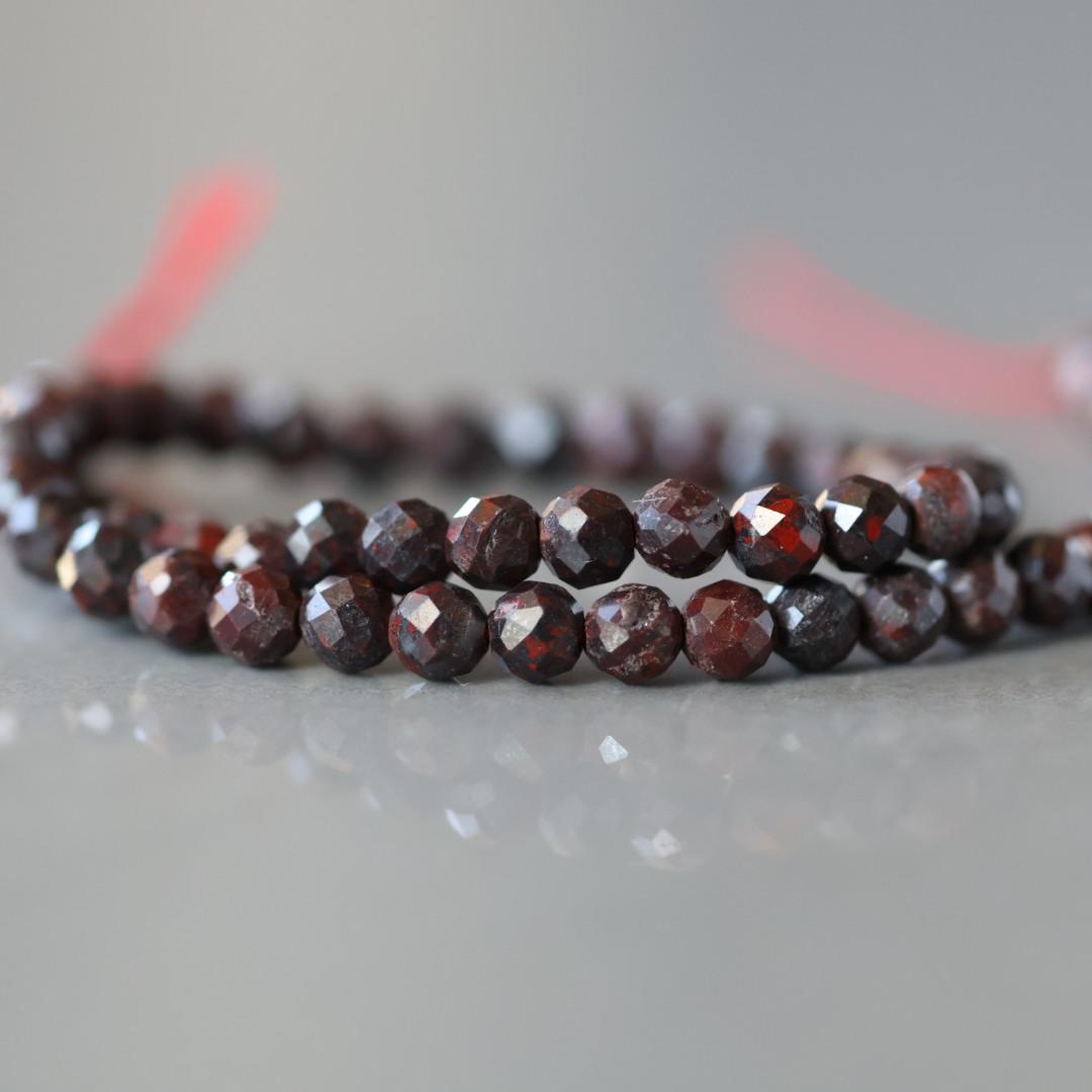 3mm Brecciated Jasper in Hematite Beads – Faceted Round Micro Gemstone 7" Strand