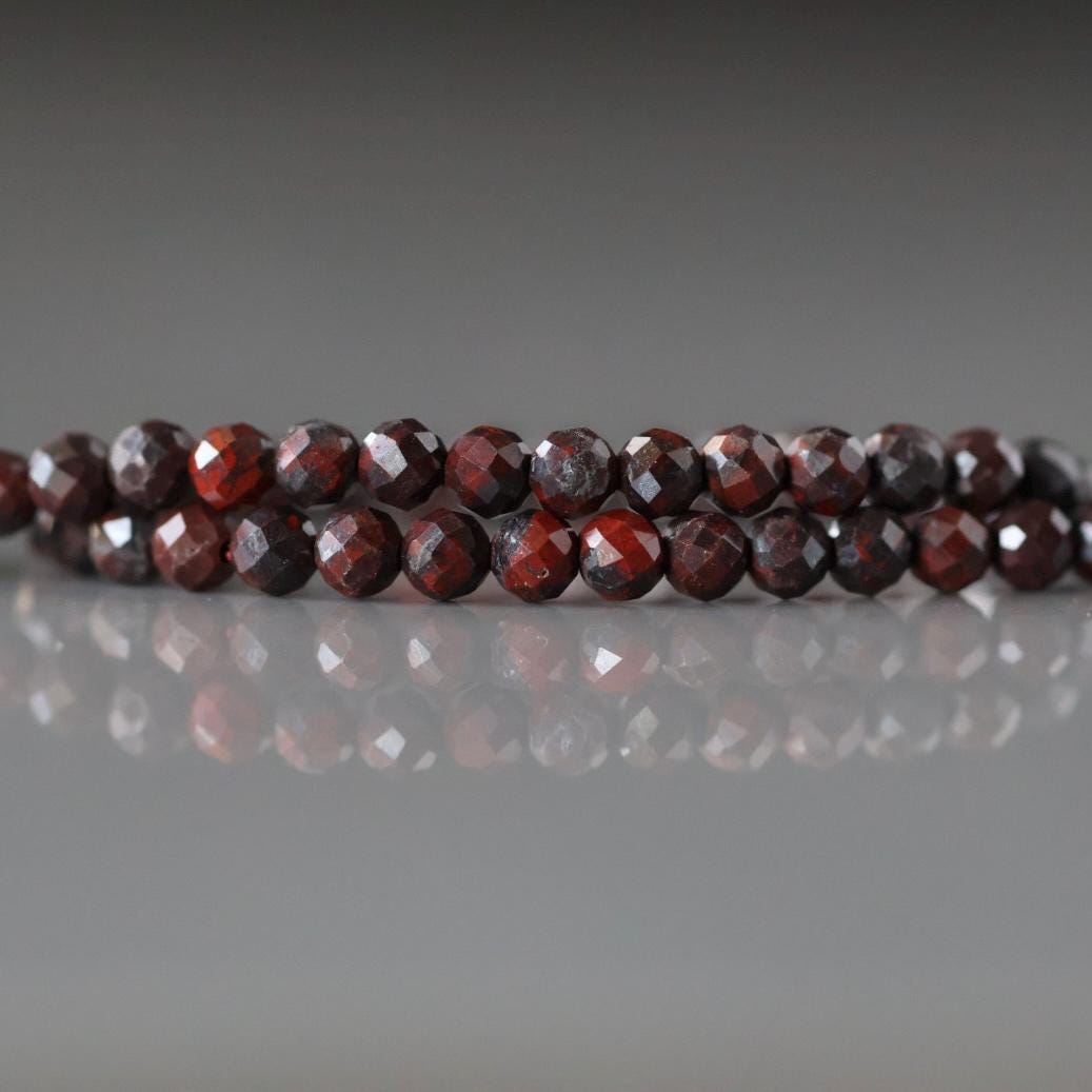 3mm Brecciated Jasper in Hematite Beads – Faceted Round Micro Gemstone 7" Strand