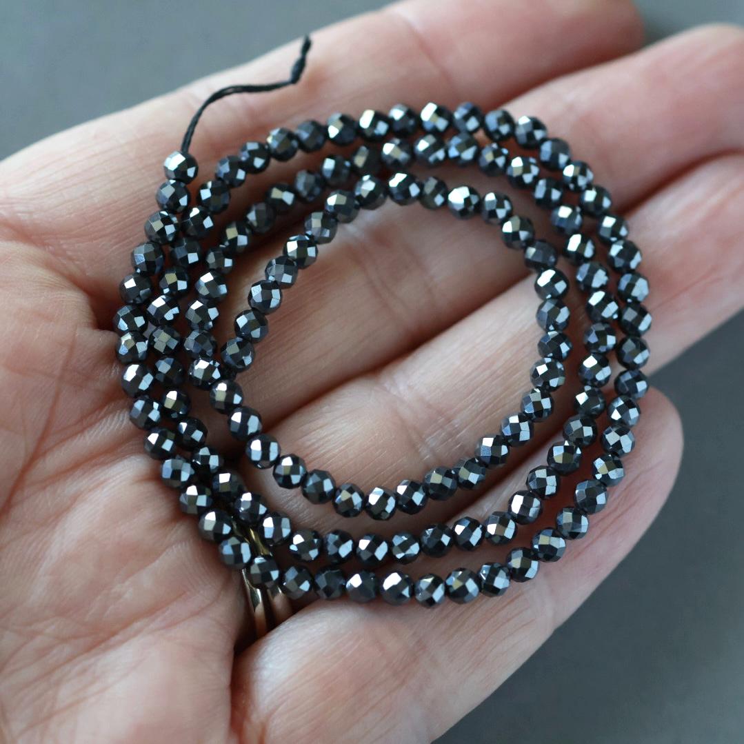 3mm Genuine Hematite Beads - Faceted Round Micro Gemstone 15" Strand