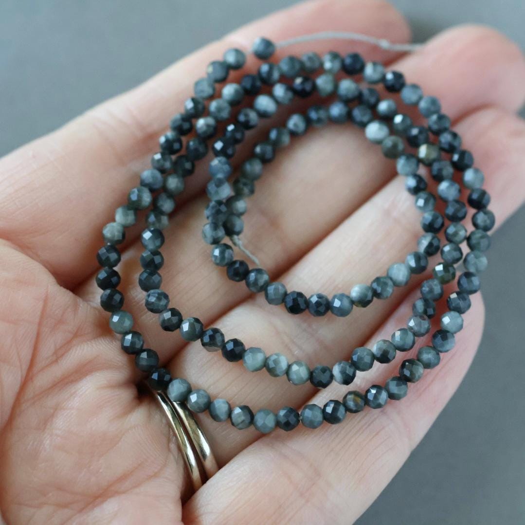 3mm Gray Hawk Eye Beads - Faceted Round Micro Gemstone 15" Strand
