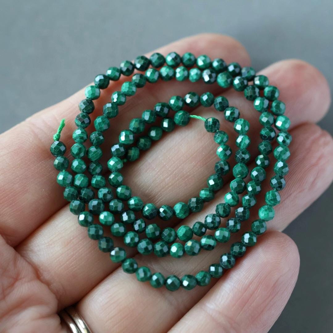 3mm Malachite Beads – Faceted Round Micro Gemstone 15" Strand