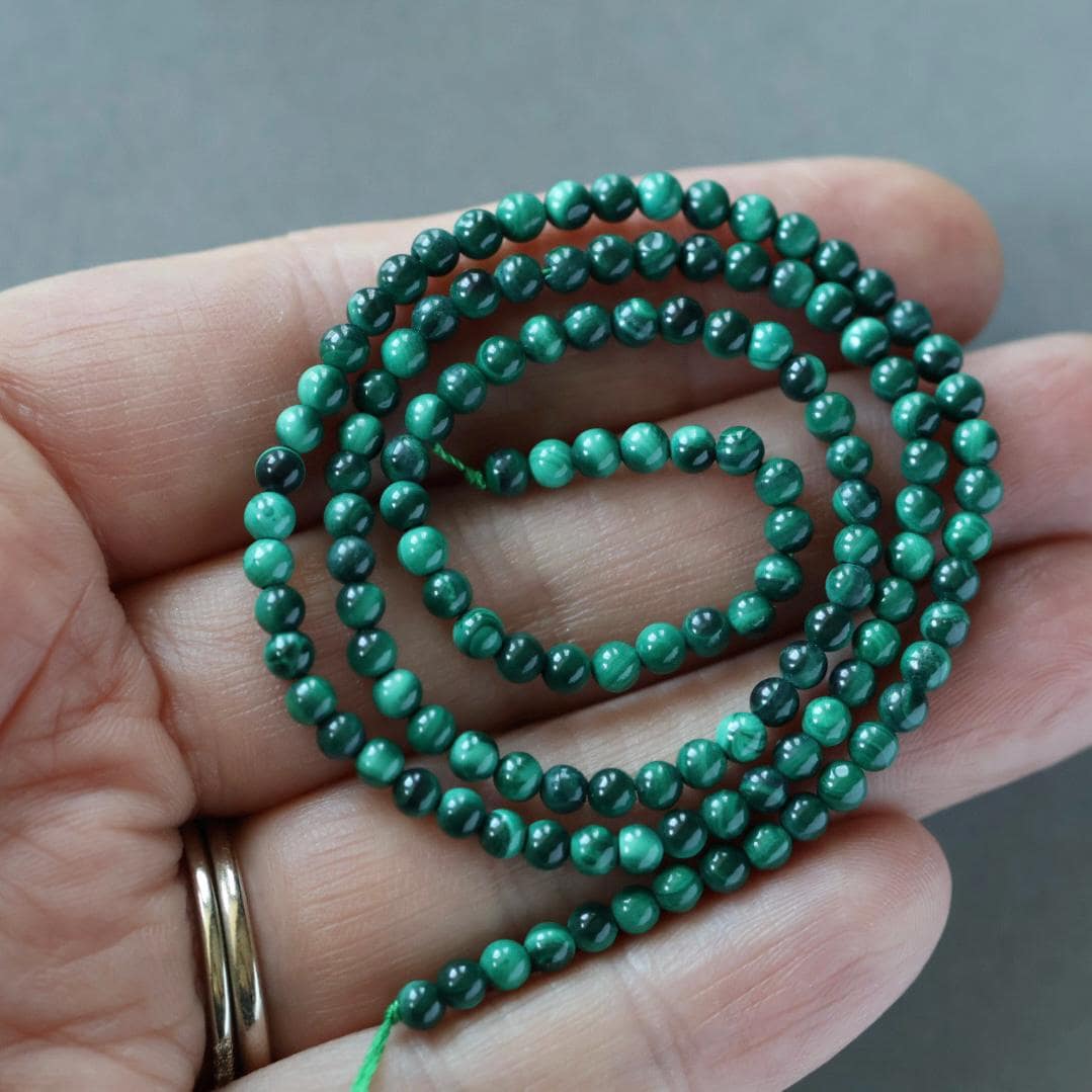 3mm Malachite Beads – Smooth Round Micro Gemstone 15" Strand