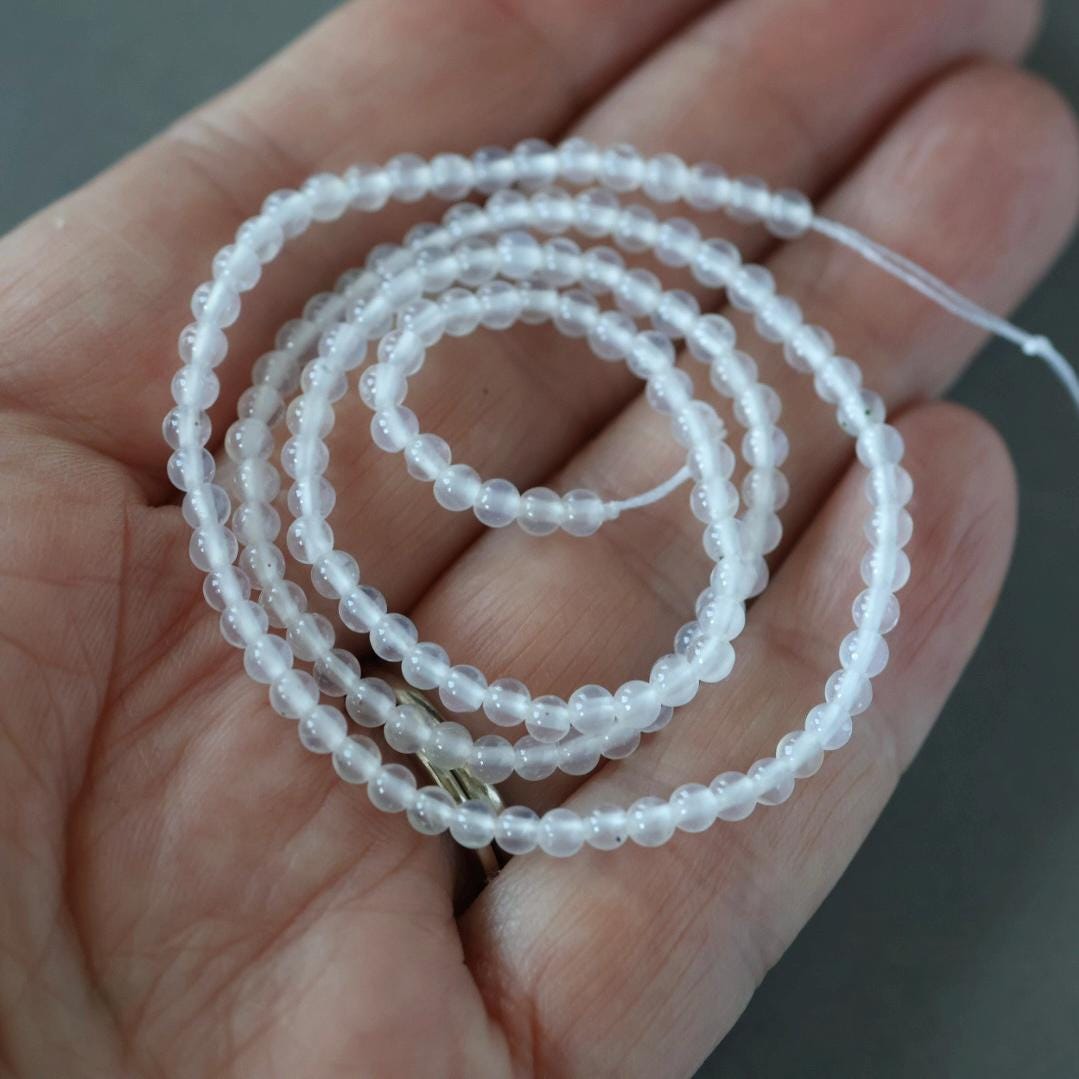 3mm Milky White Agate Beads - Smooth Round Micro Gemstone 15" Strand