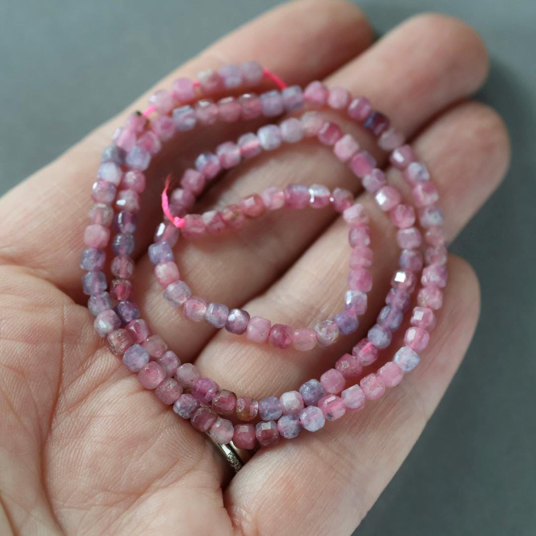 3mm Pink Tourmaline with Lepidolite Beads - Faceted Cube natural Gemstone 15"