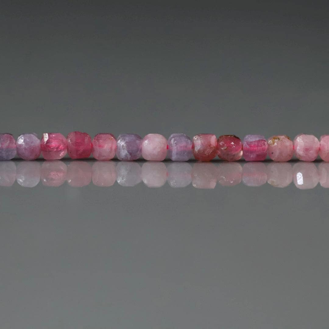 3mm Pink Tourmaline with Lepidolite Beads - Faceted Cube natural Gemstone 15"