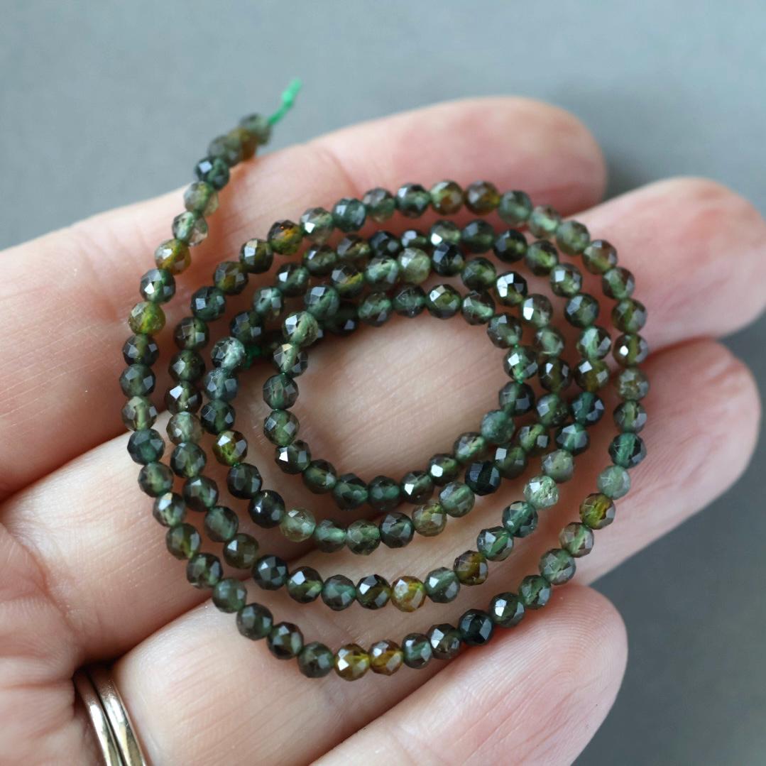 3mm Smoky Green Tourmaline Beads – Faceted Round Micro Gemstone 15" Strand
