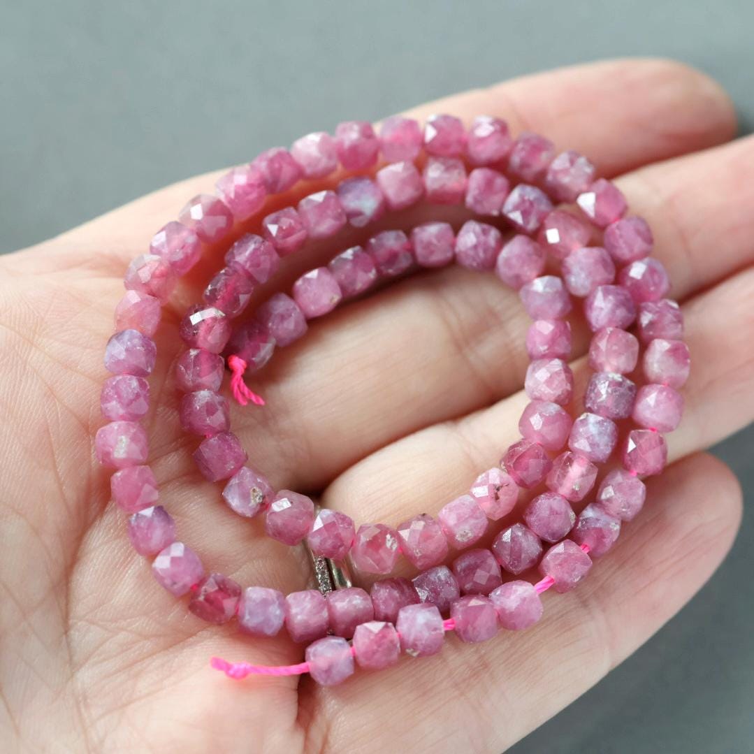 4.5mm Pink Tourmaline Beads – Natural Faceted Cube Gemstone 15" Strand