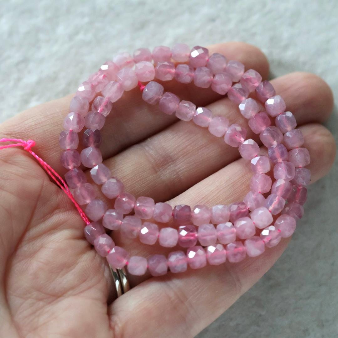 4mm AAA Madagascar Rose Quartz Cube Beads Faceted Gemmy Rose Quartz 7” Genuine Gemstone for Jewelry Making Beading Craft Gift Beads
