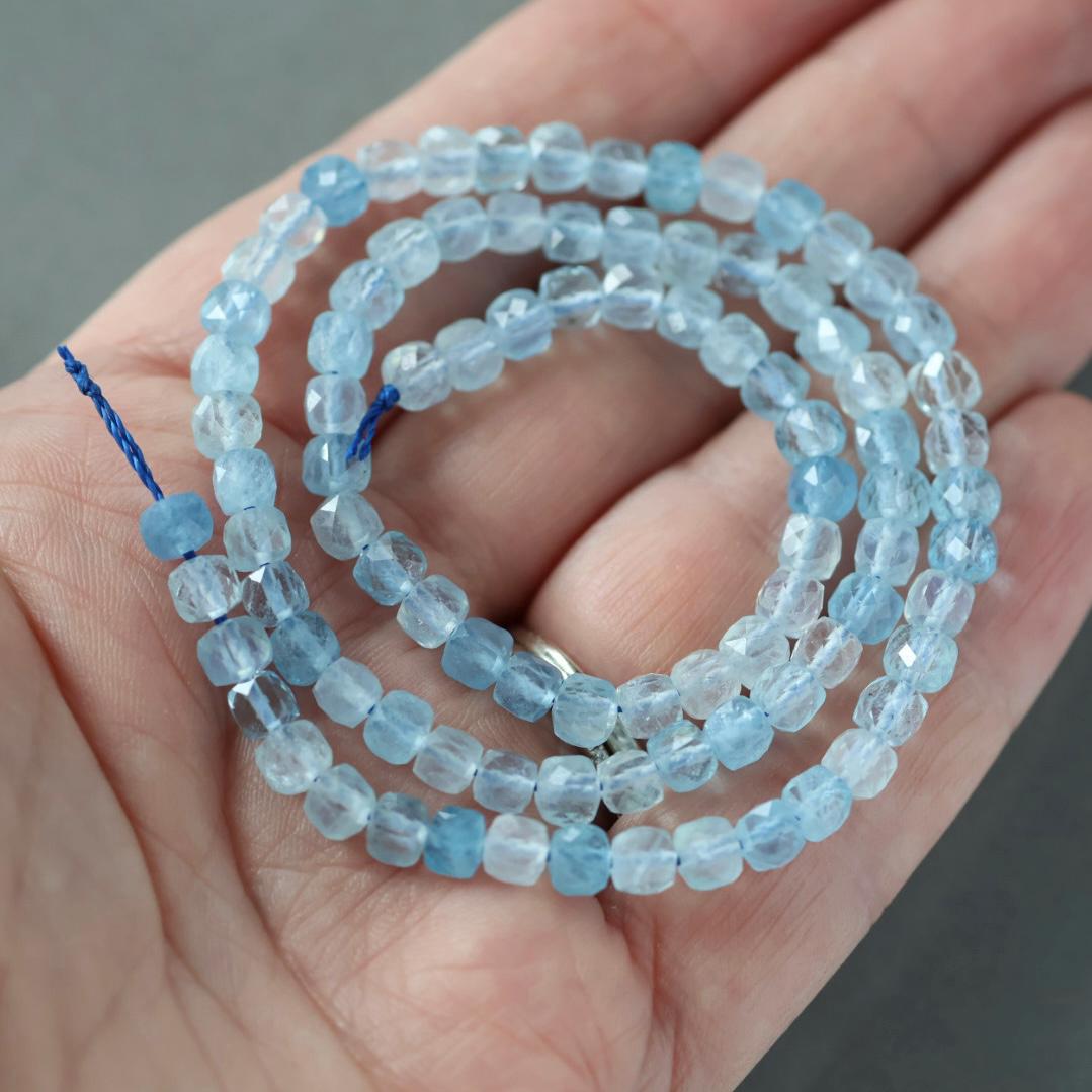 4mm Aquamarine Beads – Faceted Cube Natural Gemstone 15" Strand