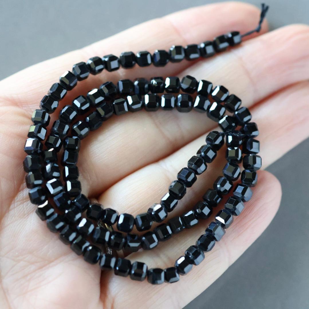 4mm Black Spinel Beads - Faceted Cube Natural Gemstone 15" Strand