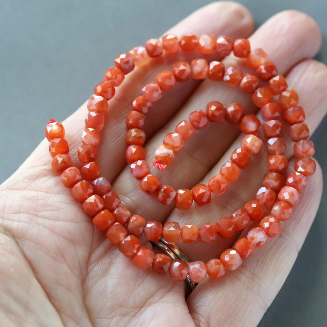 4mm Carnelian Cube Beads - Faceted Natural Gemstone 15" Strand