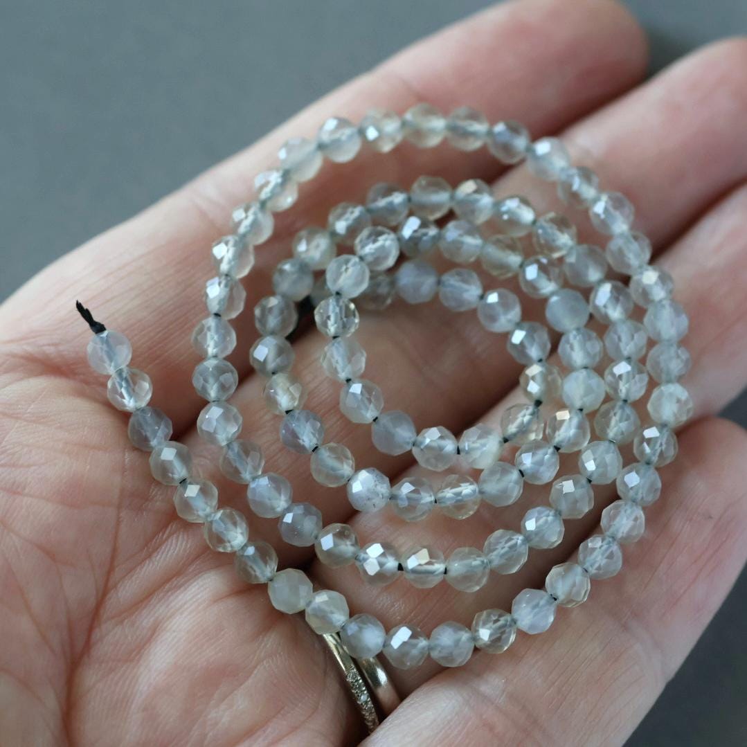4mm Gray Moonstone Beads - Faceted Round Natural Gemstone 15" Strand