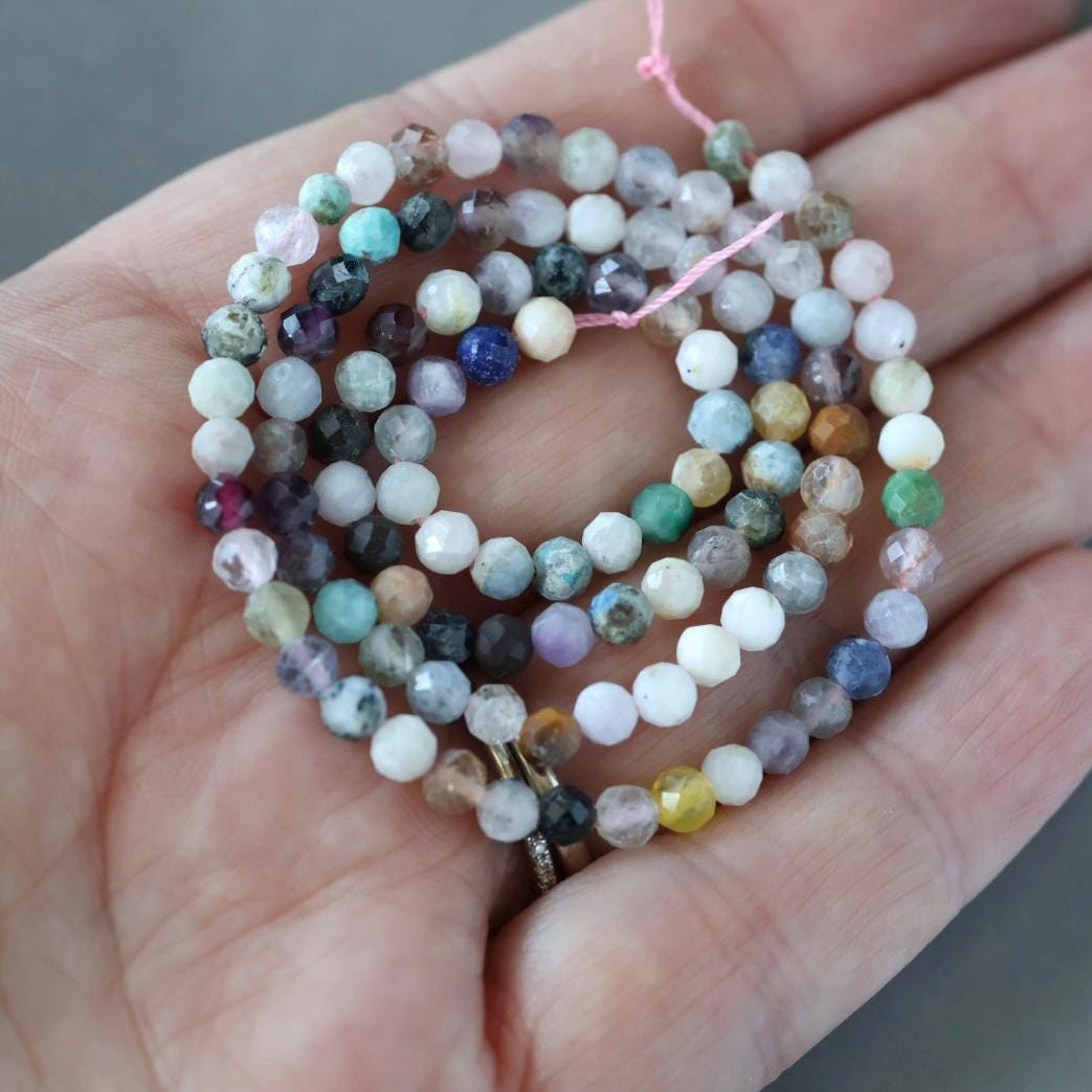 4mm Multi Gemstone Micro Beads - Faceted Round Natural Gemstone 15" Strand