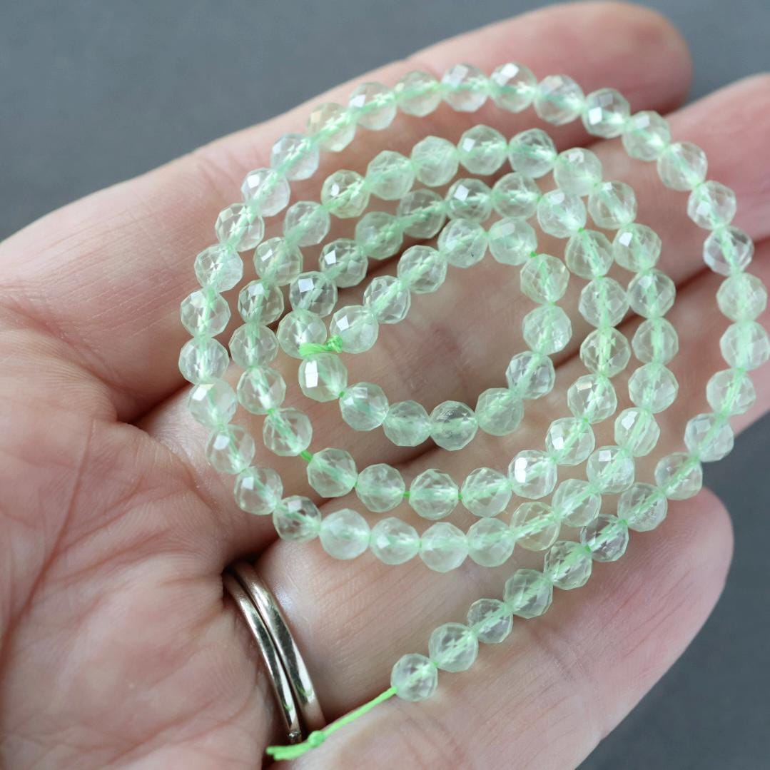 4mm Prehnite Beads – Faceted Round Natural Gemstone 15" Strand