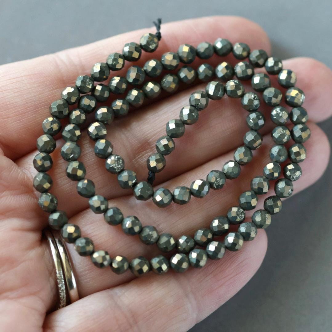 4mm Pyrite Beads - Faceted Round Natural Gemstone 15" Strand