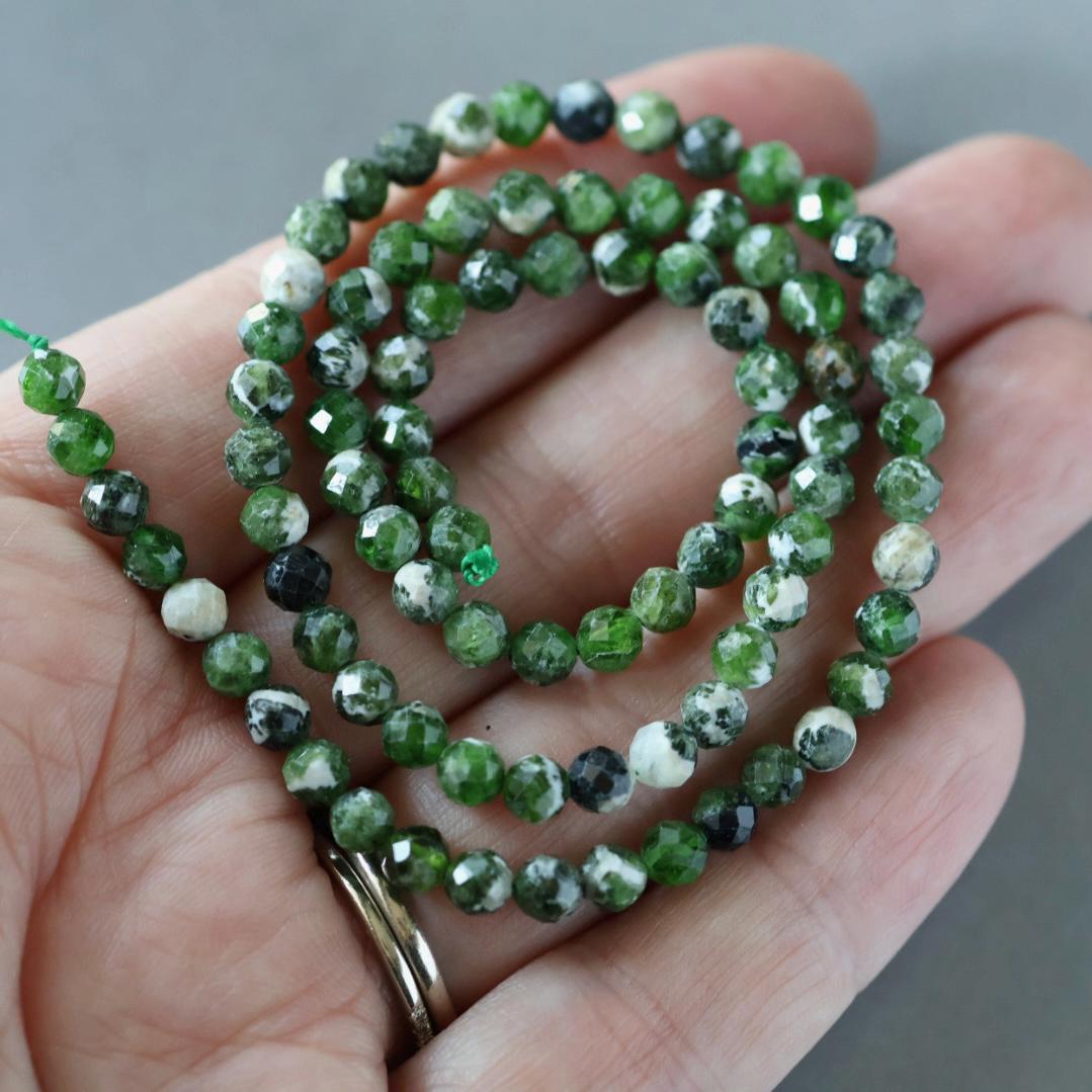 4mm Quartz with Chrome Diopside Beads – Faceted Round Natural Gemstone 15" Strand