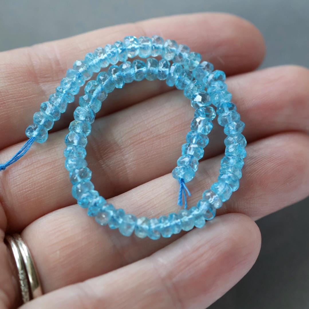 4mm Swiss Blue Topaz Rondelle Beads – Faceted Rondelle Natural Gemstone 6" Strand