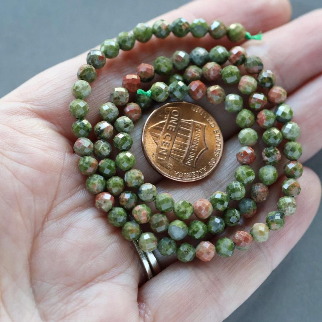4mm Unakite Beads - Faceted Round Natural Gemstone 15" Strand