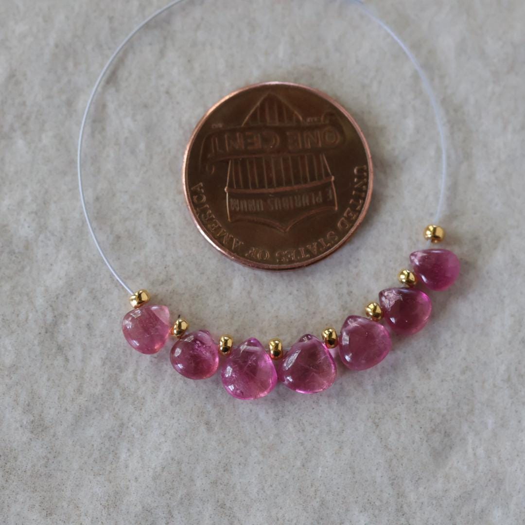 5-6mm Tiny Pink Tourmaline Briolette Beads Heart Drops Teardrops 7 PCs Natural Gemstone for DIY Jewelry Making Supplies Earrings
