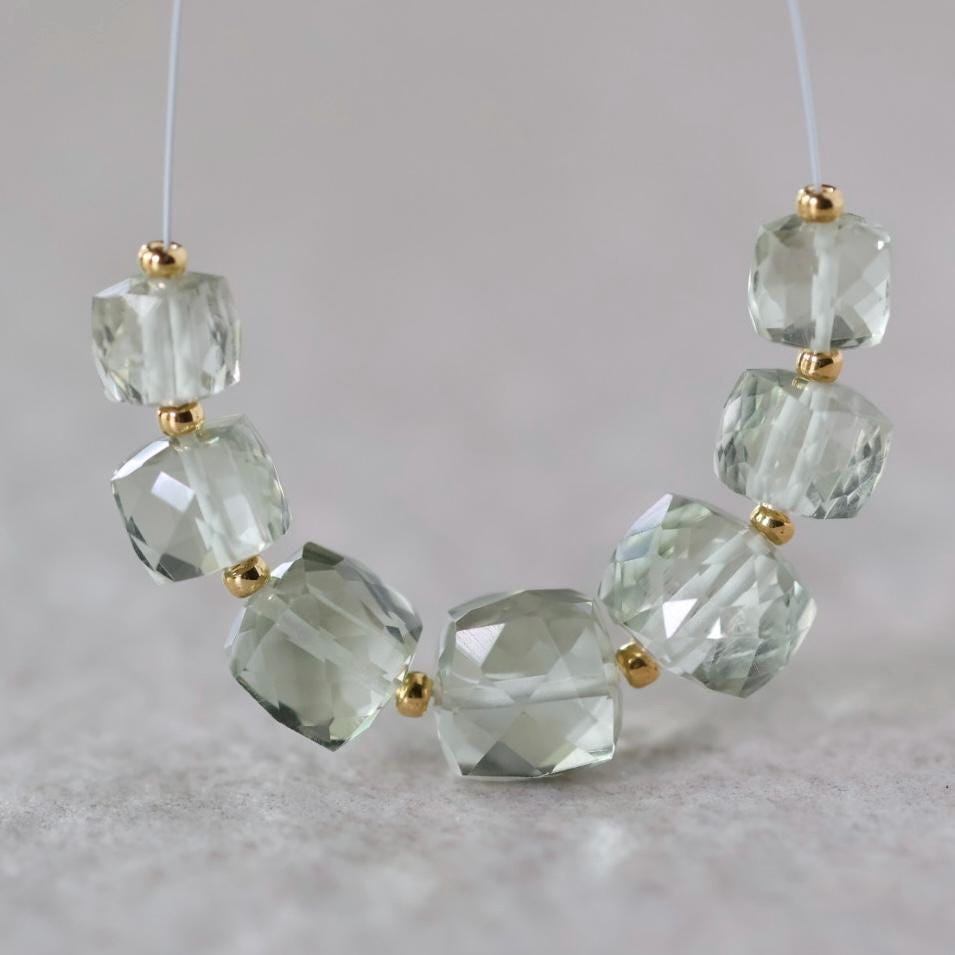 6-8mm AAA Green Amethyst Cube Beads Faceted Prasiolite Transparent Sparkly Natural Gemstone for DIY Jewelry Making Supplies