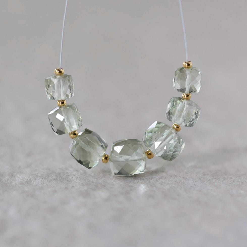 6-8mm AAA Green Amethyst Cube Beads Faceted Prasiolite Transparent Sparkly Natural Gemstone for DIY Jewelry Making Supplies