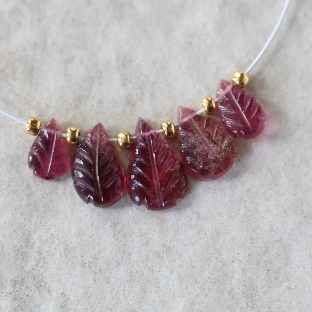 7-10mm Pink Tourmaline Carved Beads Leaf Briolettes 5 PCs Natural Gemstone for DIY Jewelry Making Supplies Earrings