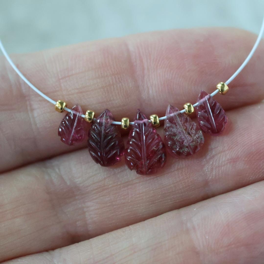 7-10mm Pink Tourmaline Carved Beads Leaf Briolettes 5 PCs Natural Gemstone for DIY Jewelry Making Supplies Earrings