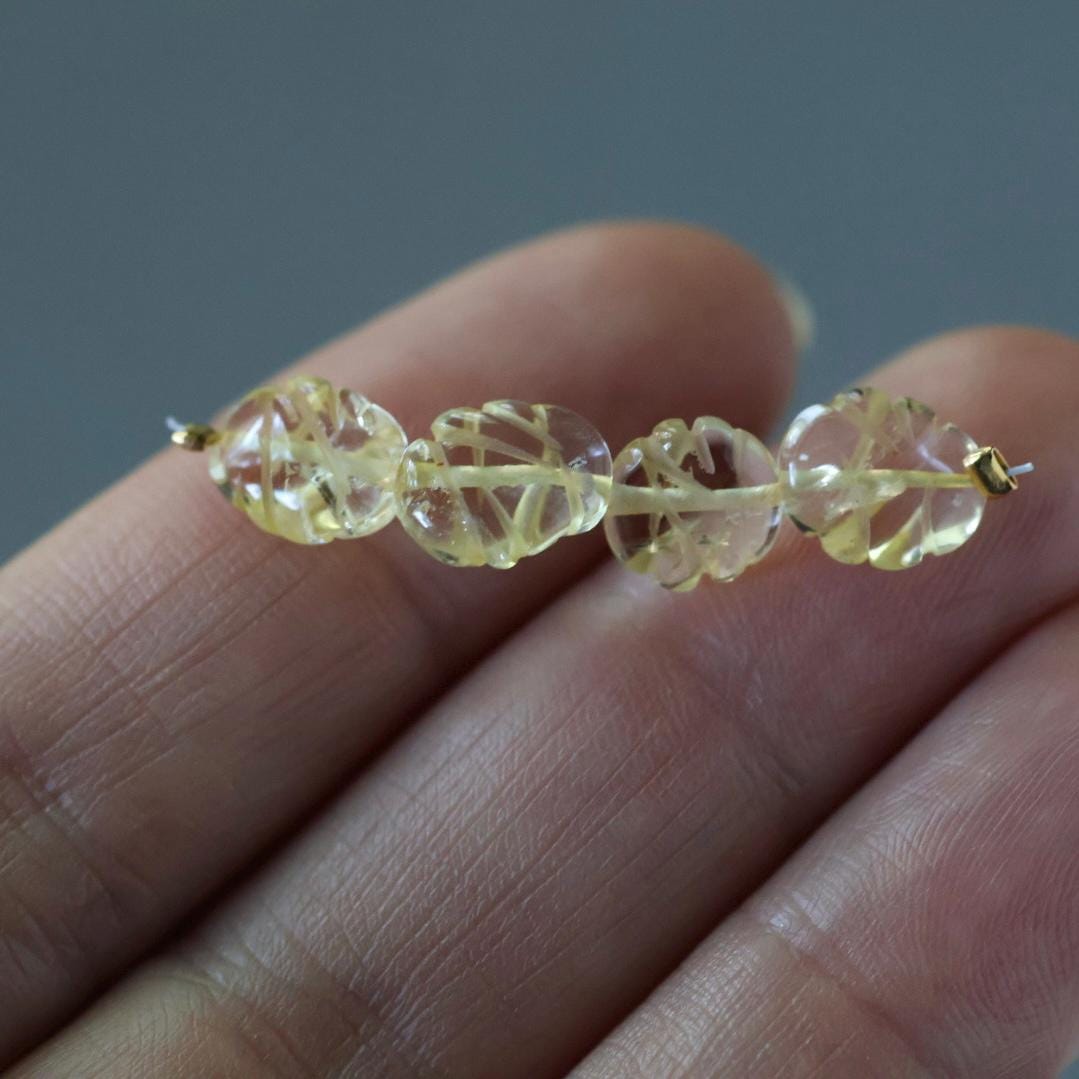 7x9mm Carved Citrine Beads - Leaf Shaped Natural Gemstone 4 Pcs