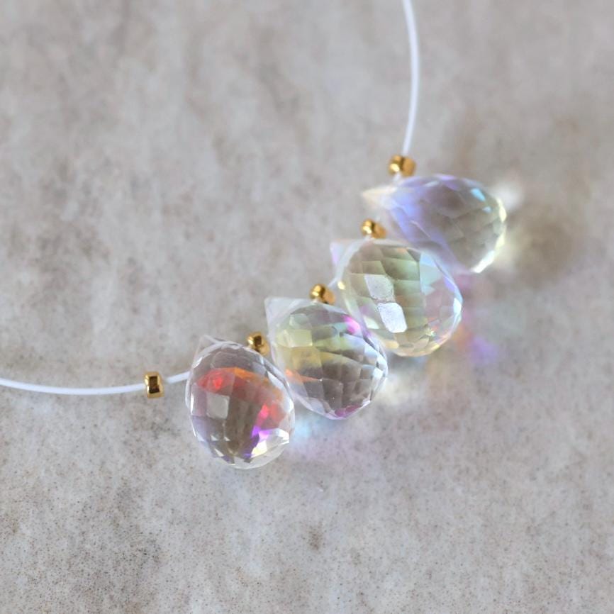 9mm Rainbow Fire Clear Quartz Briolette Beads Faceted Teardrops Pear Shape 4 Pcs Sparkly Gemstone Drops for DIY Jewelry Making