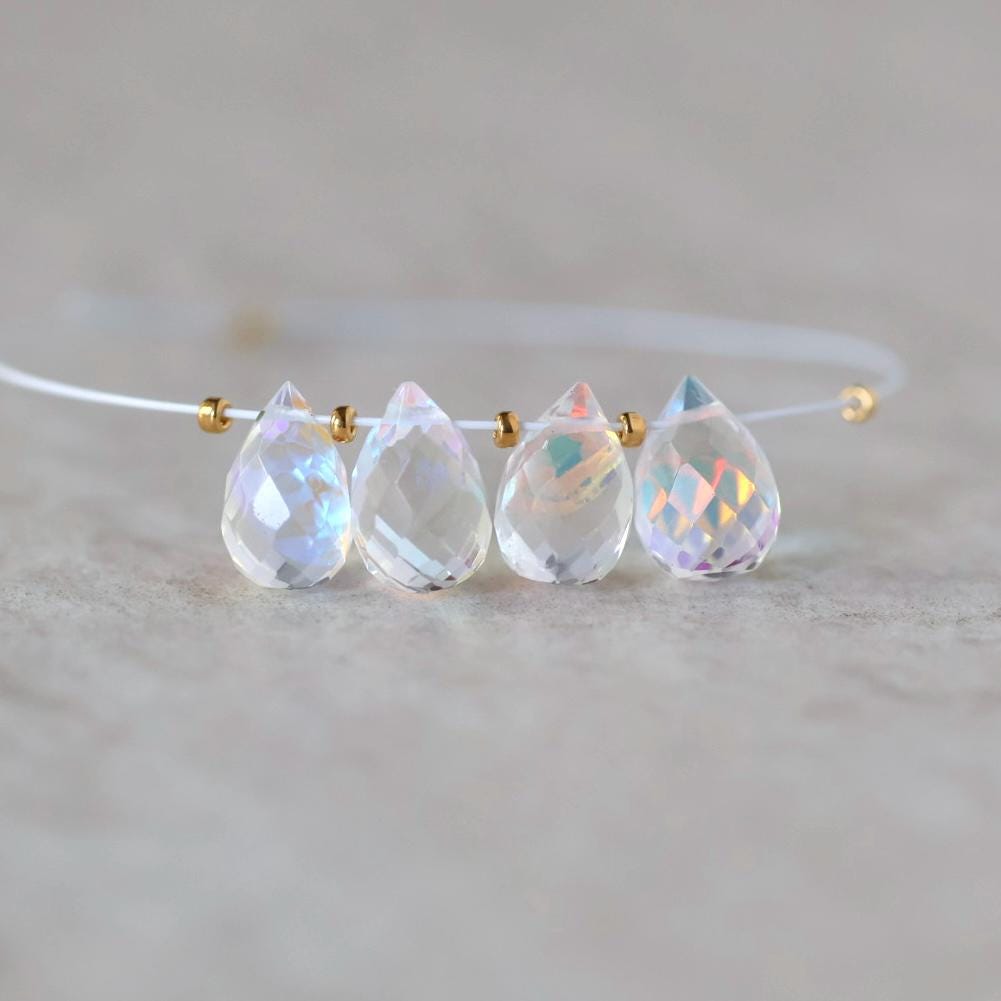9mm Rainbow Fire Clear Quartz Briolette Beads Faceted Teardrops Pear Shape 4 Pcs Sparkly Gemstone Drops for DIY Jewelry Making