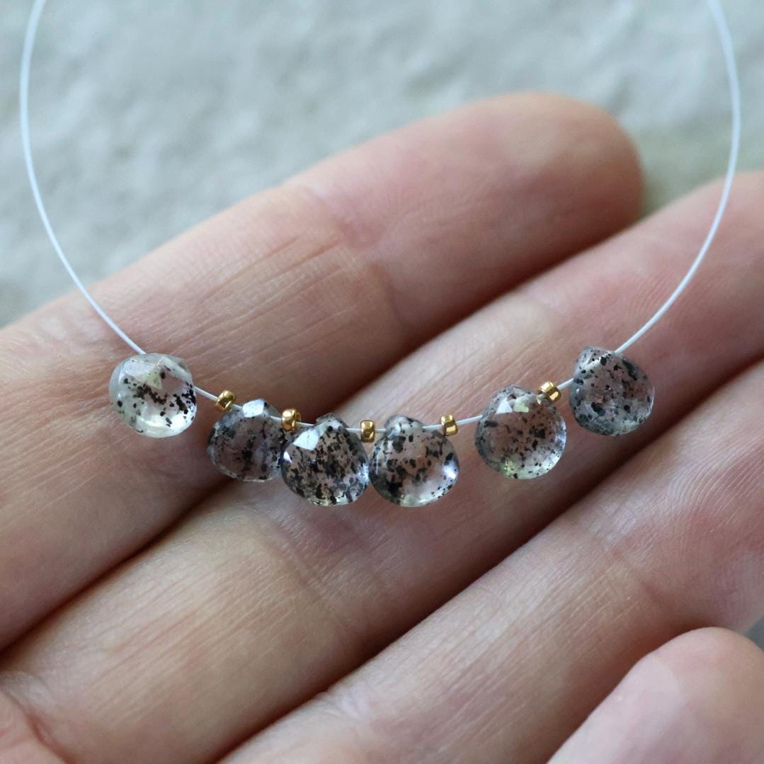 AAA Black Dot Quartz Briolette Beads Heart Drop Faceted Rutilated Turmalinated Quartz 6mm 6 PCs Gemstone Beads for DIY Jewelry Making