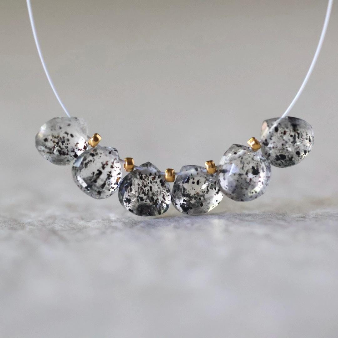 AAA Black Dot Quartz Briolette Beads Heart Drop Faceted Rutilated Turmalinated Quartz 6mm 6 PCs Gemstone Beads for DIY Jewelry Making