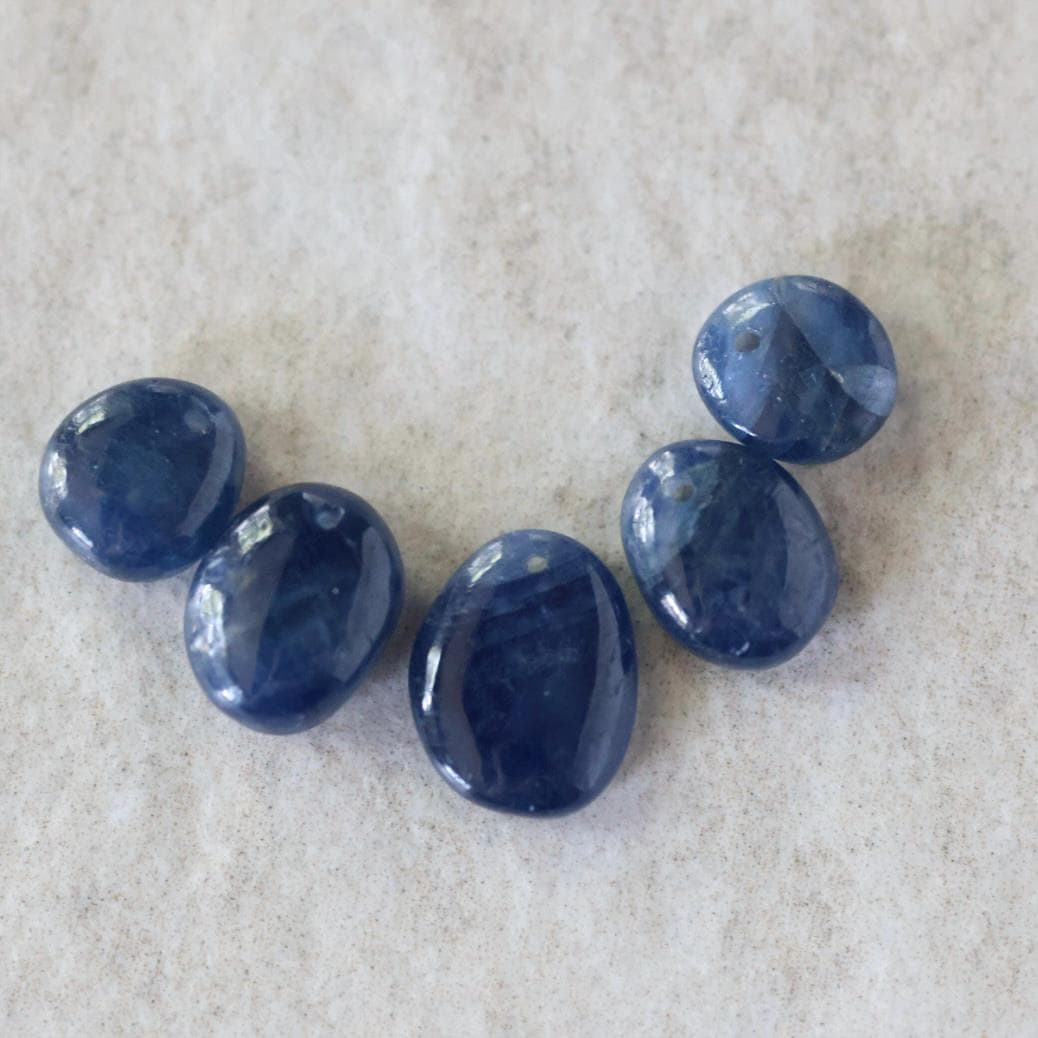 Natural Blue Sapphire Oval Beads Smooth Flat Top Drilled Briolettes 5 PCs 6-10mm Drops Genuine Gemstone DIY Jewelry Making
