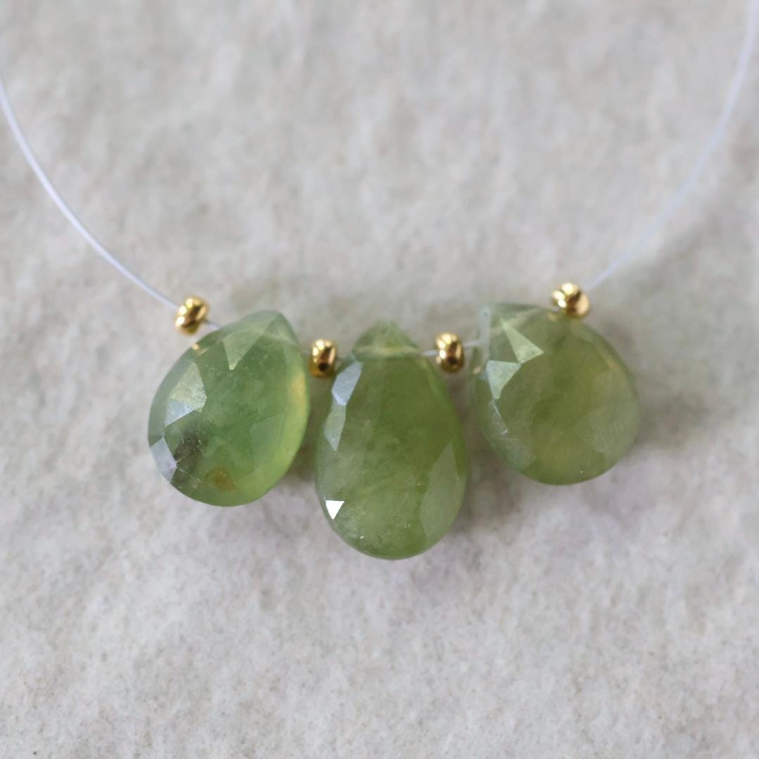 Natural Green Sapphire Briolette Beads-Pear Shape Teardrops 3 PCs