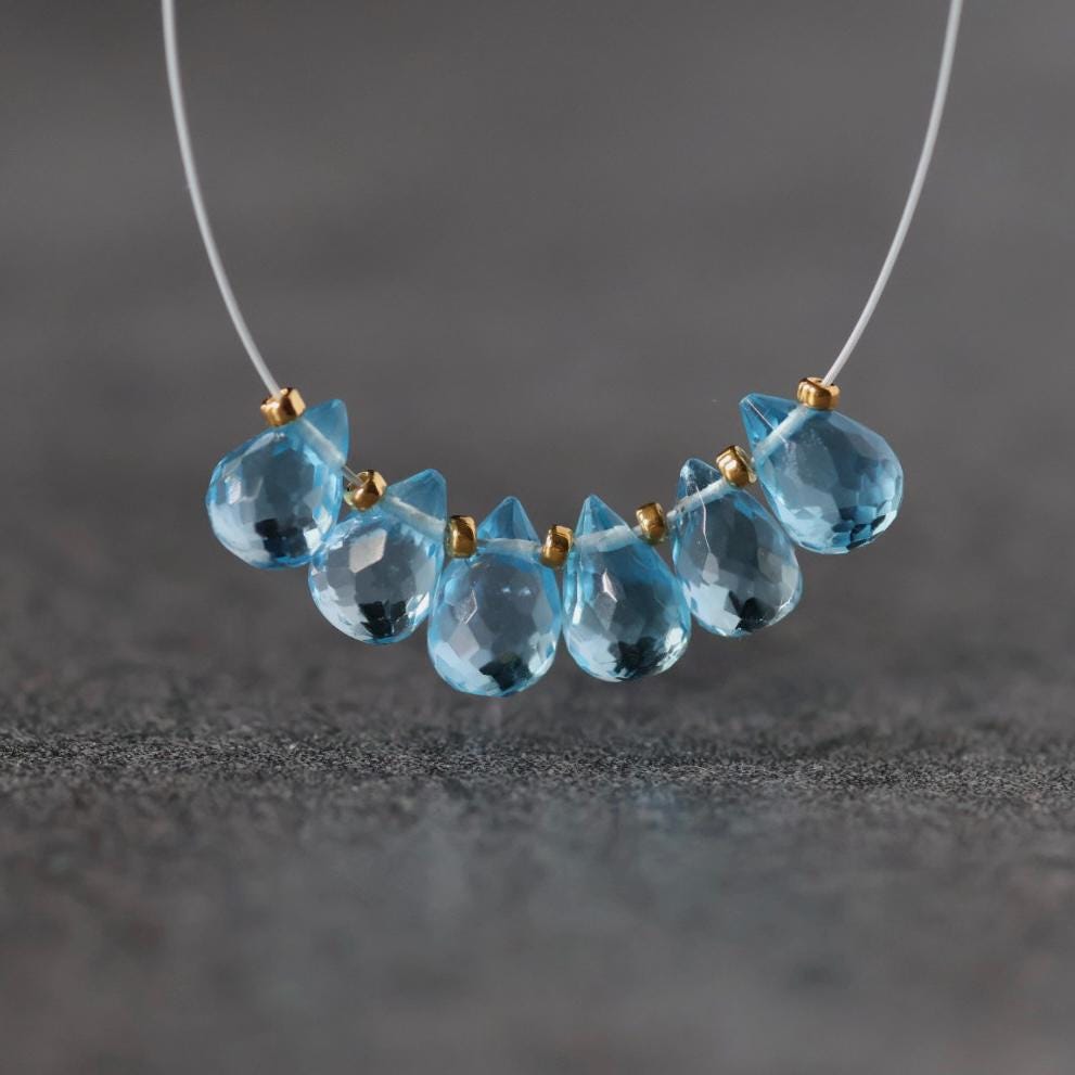 Natural Swiss Blue Topaz Faceted Briolette Beads Tear Drops 7mm x 5mm 6 Pcs Gemstone for DIY Jewelry Making
