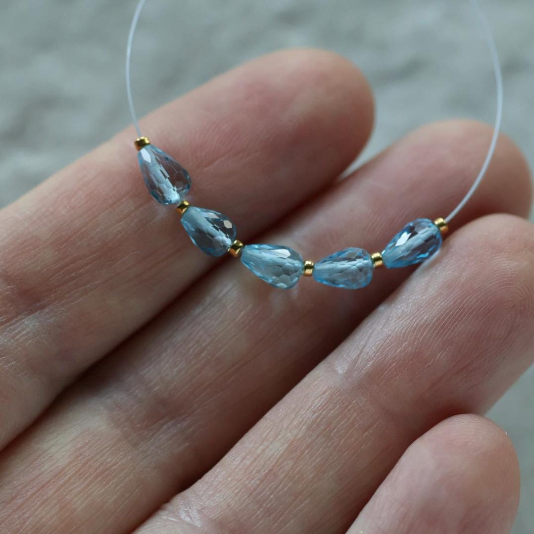 Tiny Natural Swiss Blue Topaz Faceted Teardrop Beads Oval 5 Pcs Gemstone for DIY Jewelry Making