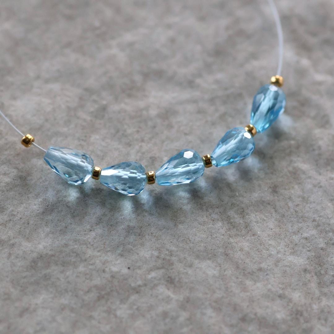 Tiny Natural Swiss Blue Topaz Faceted Teardrop Beads Oval 5 Pcs Gemstone for DIY Jewelry Making