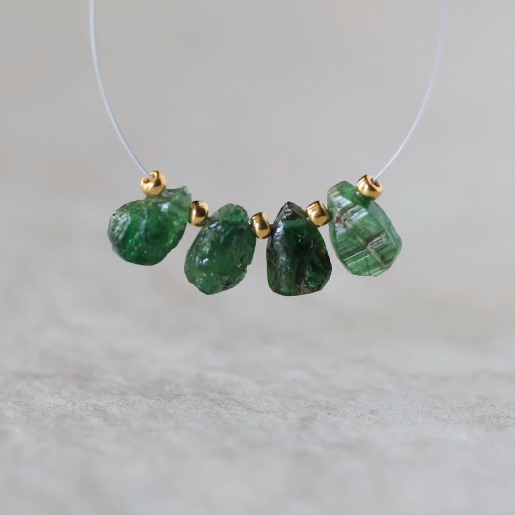 Tiny Raw Tsavorite Briolette Beads Green Garnet Drops Teardrops 4 PCs Natural Gemstone For DIY Jewelry Making Earrings January Birthstone