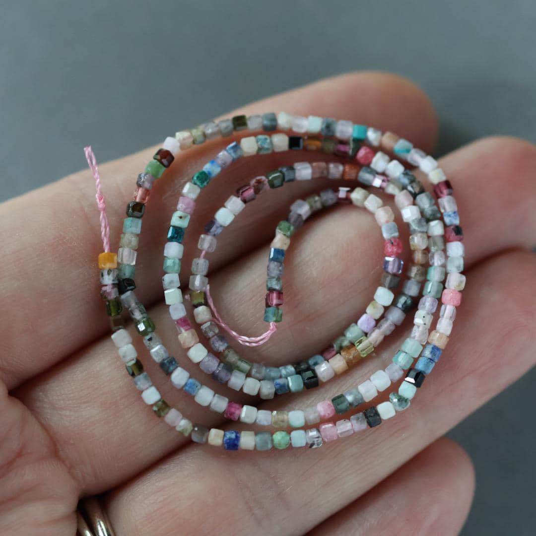 1.8mm Colorful Multi Gemstone Cube Beads 15" - Tiny Natural Gemstone