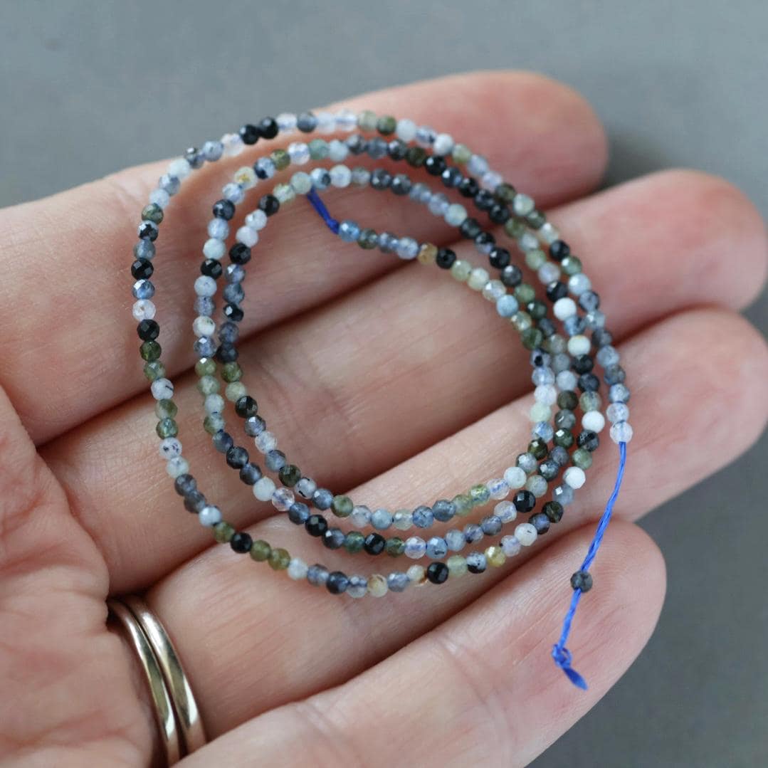 1.9mm Aquamarine with Tourmaline Inclusion Beads ‚Äì Tiny Faceted Round Natural Gemstone 15" Strand