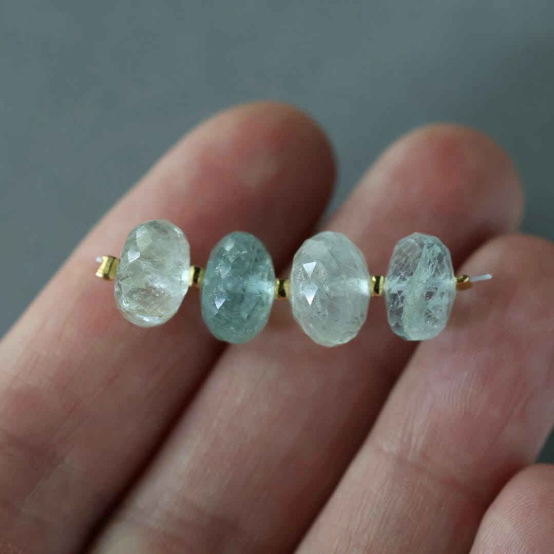10mm Aquamarine Rondelle Beads Faceted 4 Pcs Gemstone Beads for Silk Knotting Jewelry Making DIY Necklace March birthstone