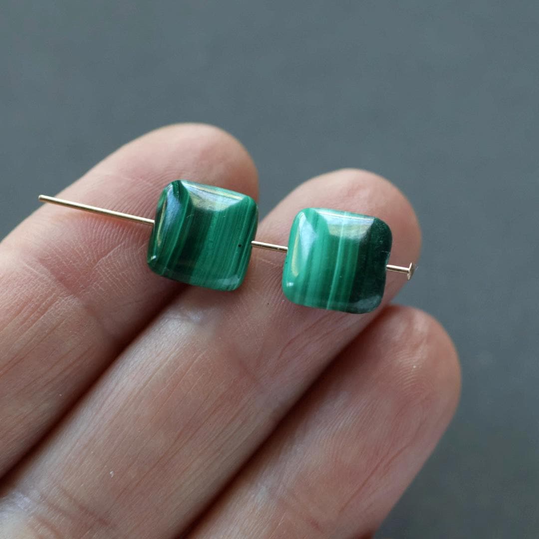 10mm Malachite Beads - Smooth Square Natural Gemstone 2 Pcs