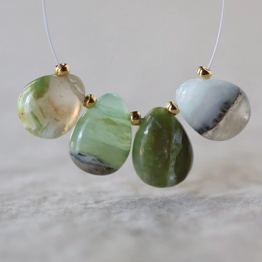 11mm Peruvian Green Opal Briolette Beads Smooth Teardrops 4 Pcs Natural Gemstone for DIY Jewelry Making