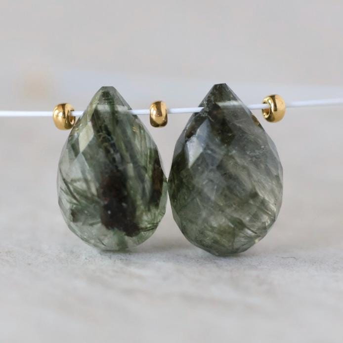 12mm Rare Green Rutilated Quartz Briolette Beads Faceted Teardrops Drops Rutile Natural Gemstone for DIY Jewelry Making