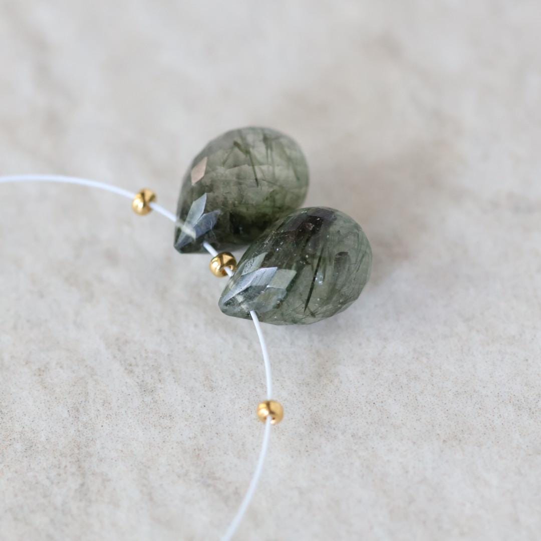 12mm Rare Green Rutilated Quartz Briolette Beads Faceted Teardrops Drops Rutile Natural Gemstone for DIY Jewelry Making