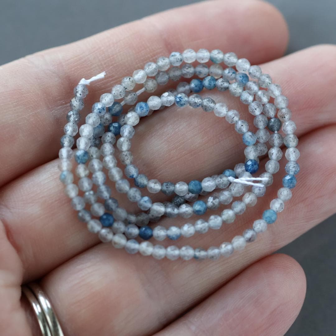 2.5mm Dumortierite In Quartz Beads – Tiny Faceted Round Natural Gemstone 15" Strand