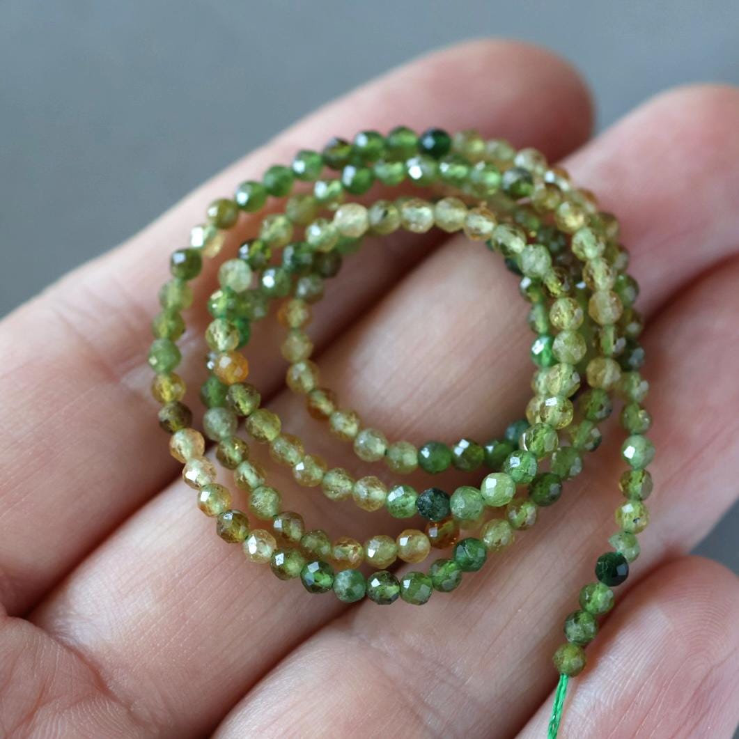 2.5mm Green Yellow Tourmaline Beads ‚Äì Tiny Faceted Round Natural Gemstone 15" Strand