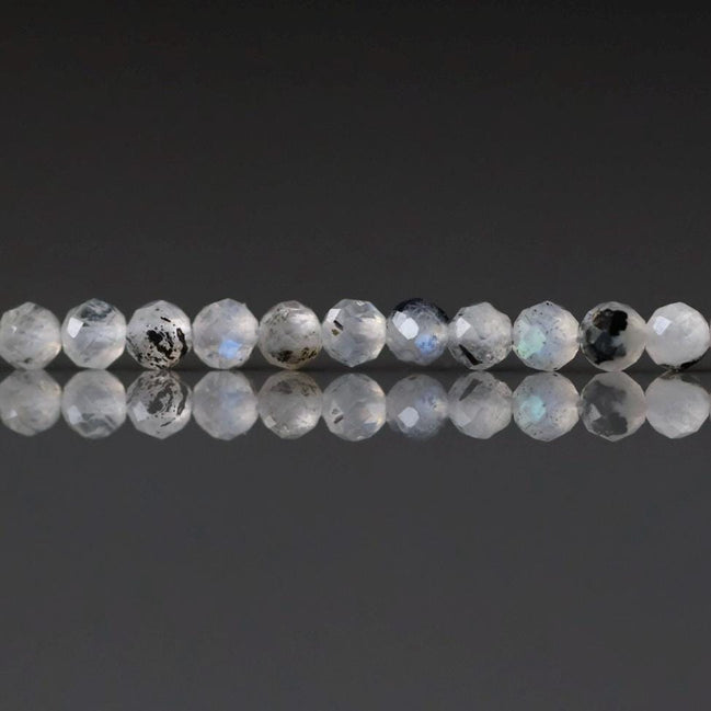 2.5mm Rainbow Moonstone with Black Tourmaline Beads ‚Äì Tiny Faceted Round Natural Gemstone 15" Strand